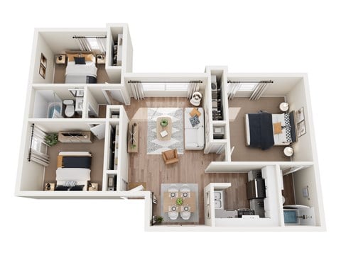 Floor plan for 3 beds, 2 baths, 1056 sqft